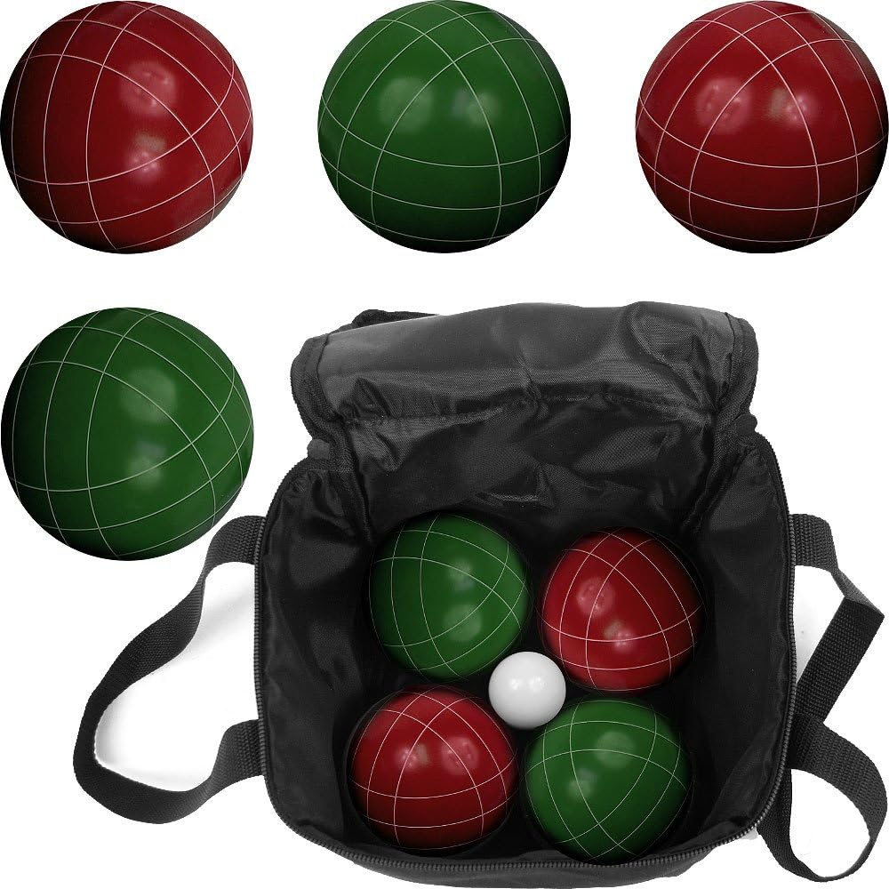Set of red and green bocce balls.